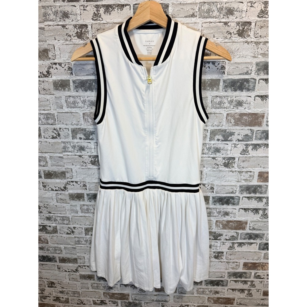 Varley Tennis Dress Women S White Black Striped Pleated Quarter Zip Activewear